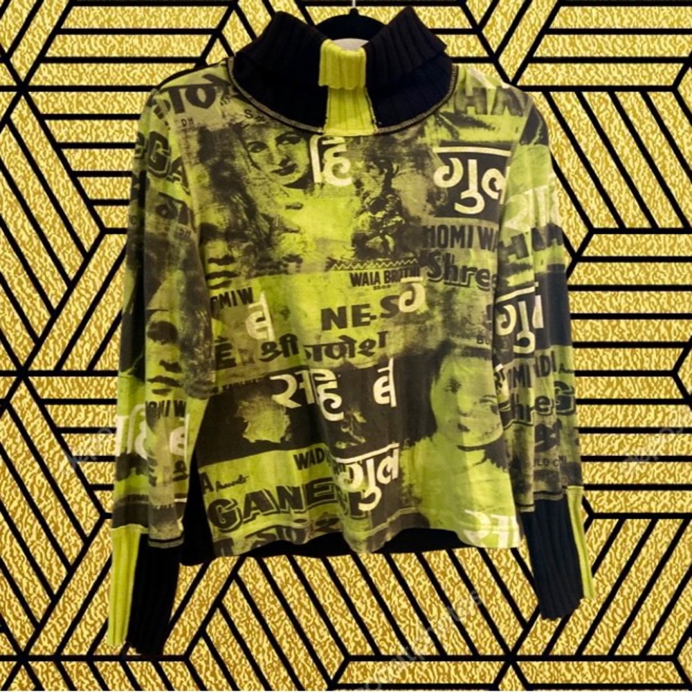 Spanner Sport Green & Black Turtleneck Sweater Graphic Pop Art Pattern - Size M